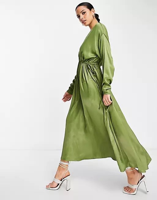 ASOS EDITION satin v neck oversized midi dress with drawstring in olive green | ASOS (Global)