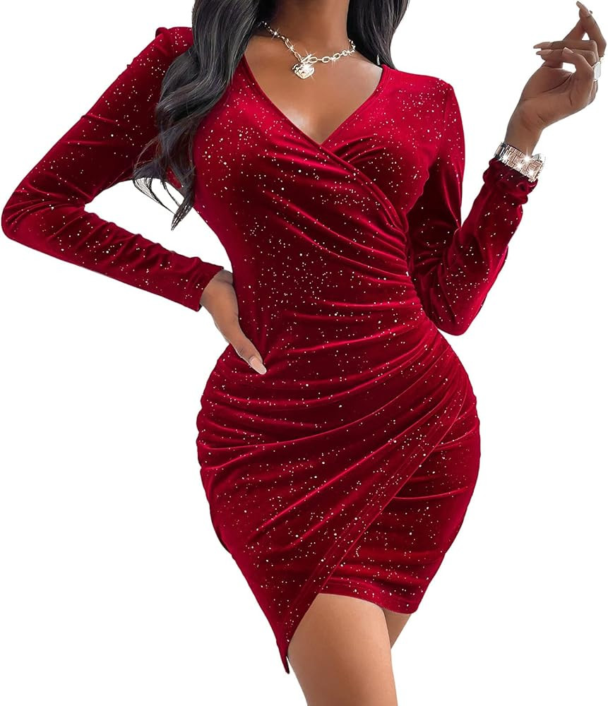 vunahzma Women's Mini Wrap Dress V Neck Long Sleeve Velvet Bodycon Glitter Ruched Cocktail Party ... | Amazon (US)
