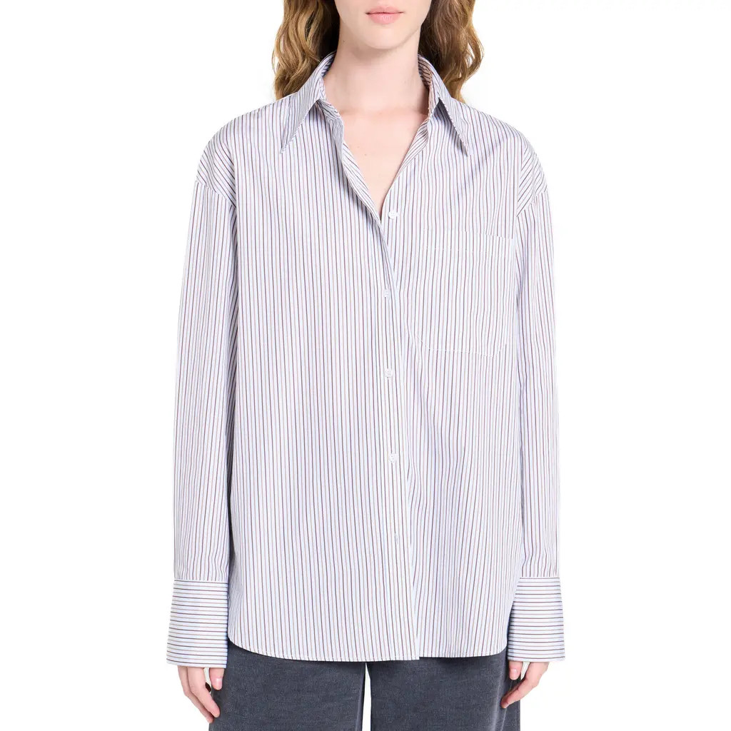 TWP Big Joe Stripe Cotton Button-Up Shirt in Baby Blue/Chocolate /Khaki at Nordstrom Rack, Size X-Small/small | Nordstrom Rack