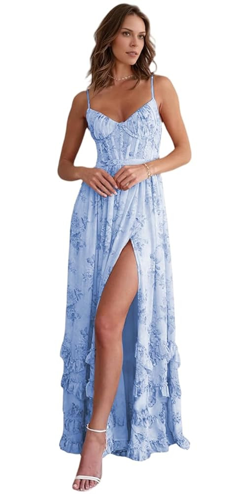 V Neck Chiffon Bridesmaid Dresses for Women Long A Line Plus Size Floral Formal Evening Gowns wit... | Amazon (US)