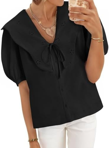 Cicy Bell Womens Peter Pan Collar Button Down Shirts Puff Short Sleeve Summer Casual Eyelet Tops ... | Amazon (US)