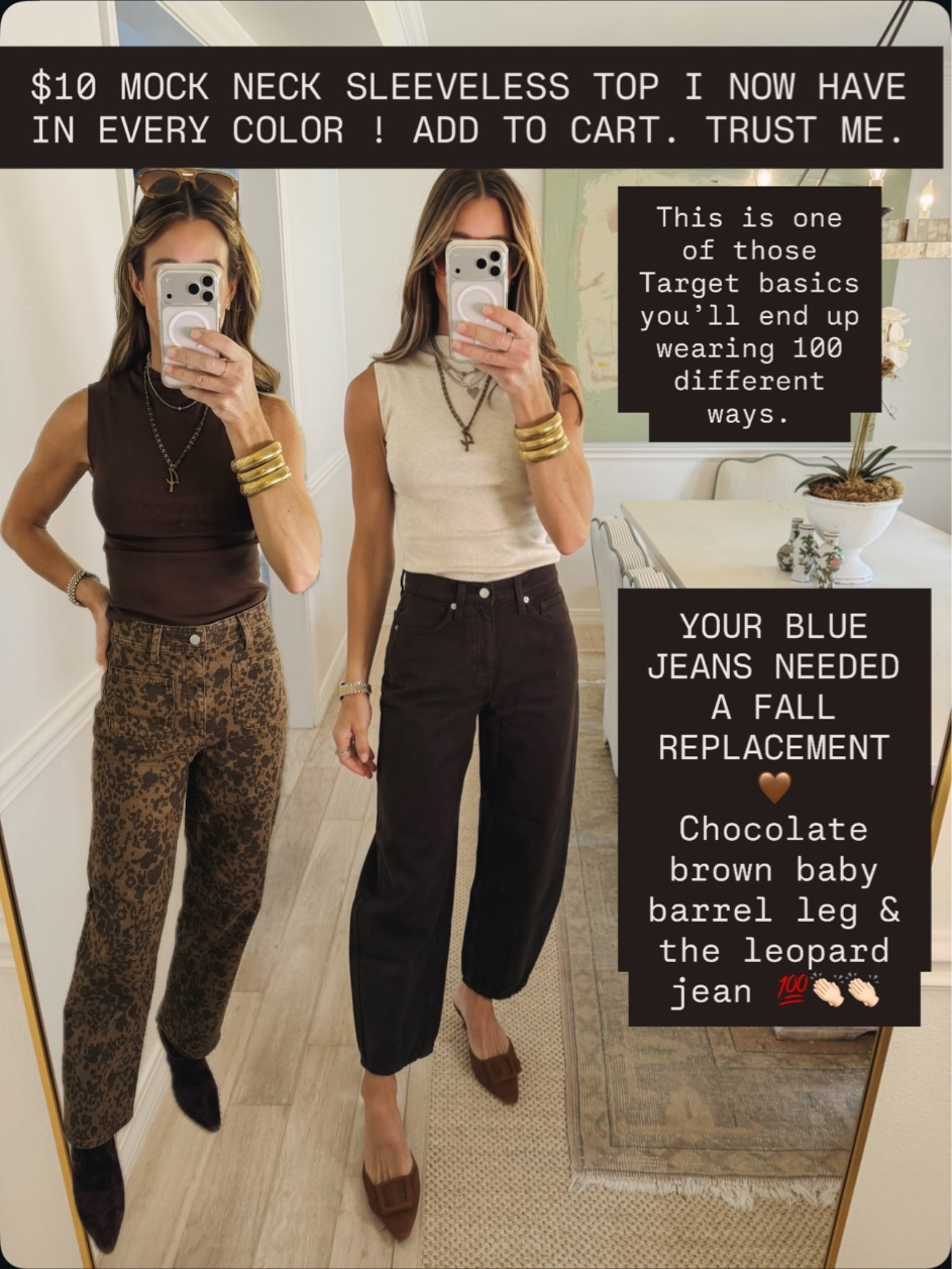 Target brown barrel jeans. Size down 1. I’m wearing 00. Leopard jeans run tts. Wearing size 0. Size XS in $10 mock neck sleeveless tops. Run tts.

#LTKSeasonal