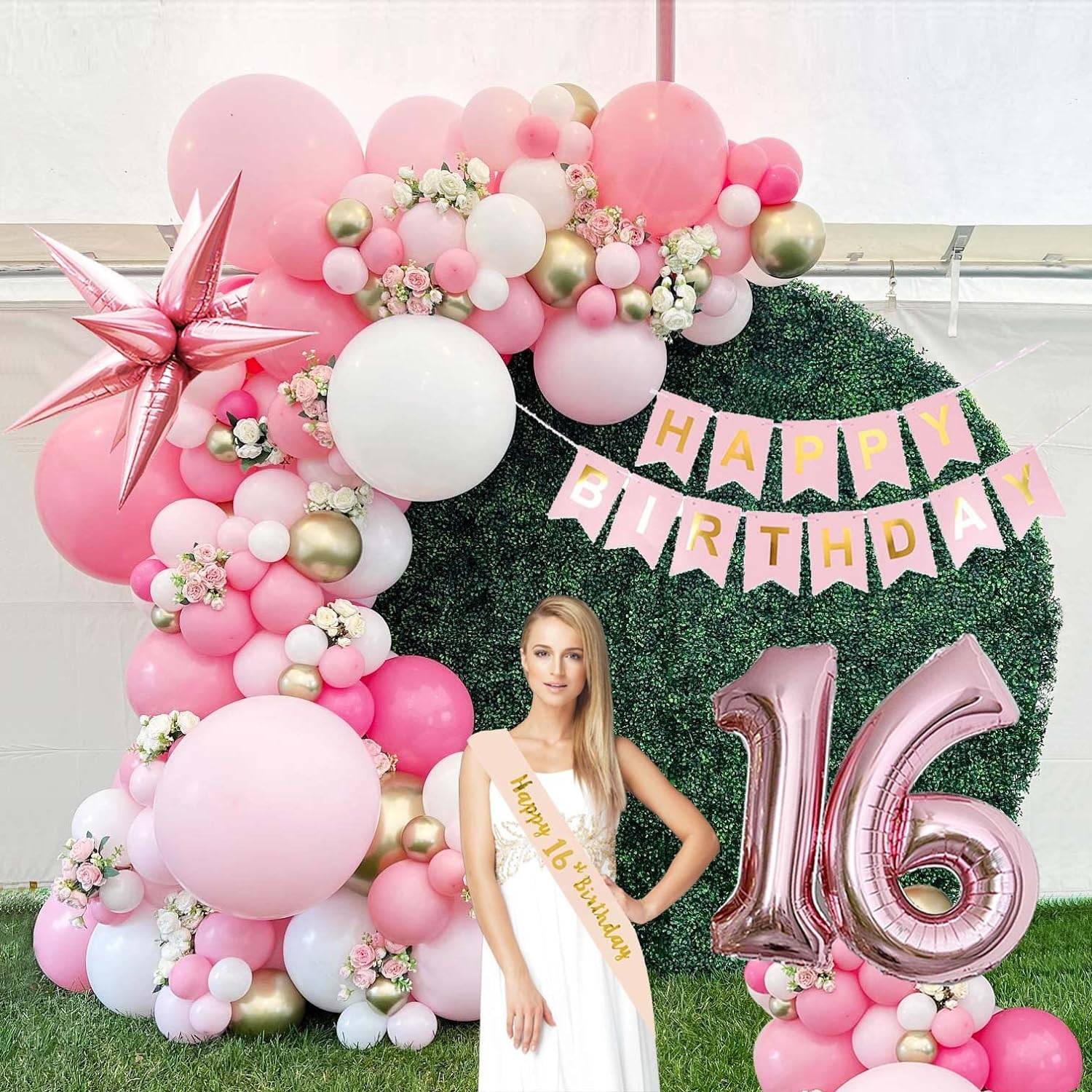 Sweet 16 birthday decorations 140pcs Pink Gold white Balloon garland With 16th Letter balloon & G... | Amazon (US)