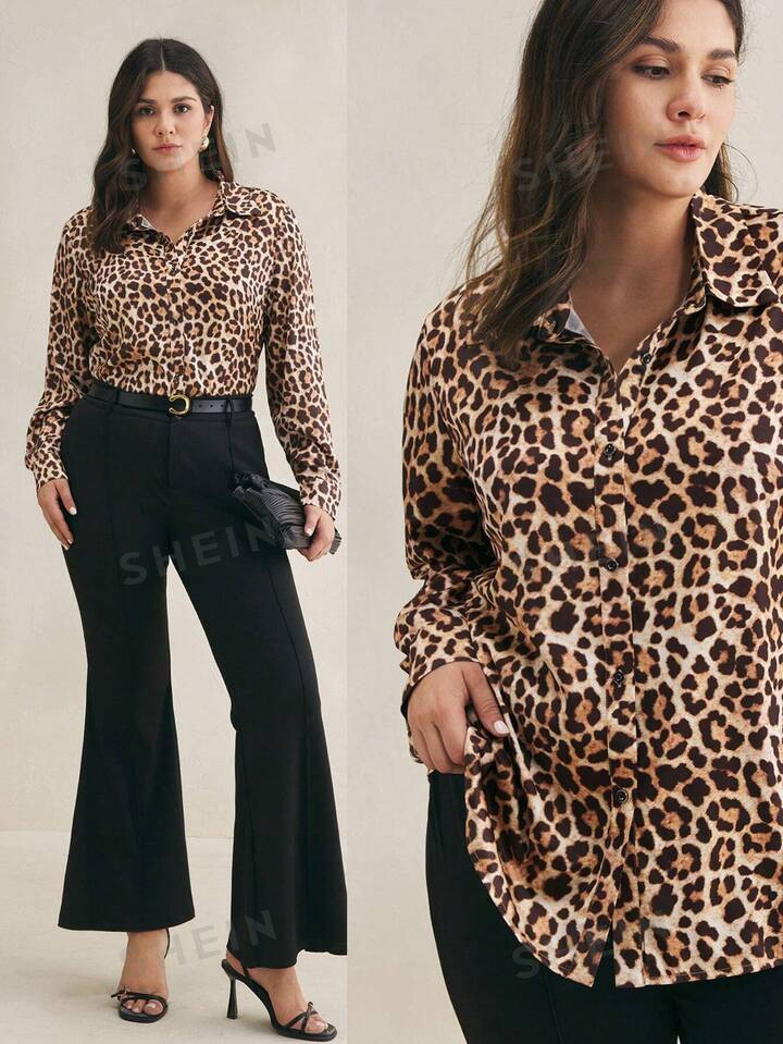 SHEIN BIZwear Plus Size Leopard Printed Shirt With Collar, Long Sleeves, Elegant & Stylish Casual... | SHEIN