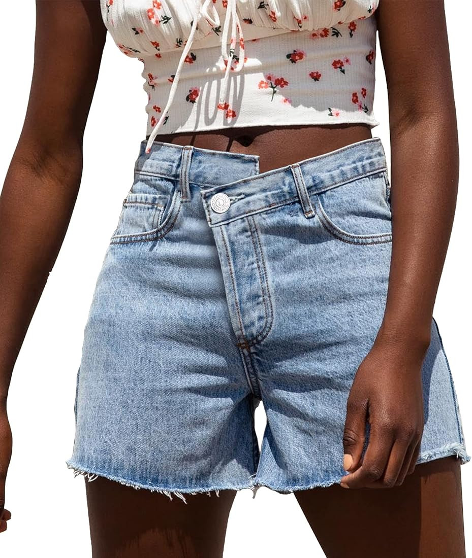 Susupeng Women Asymmetric Criss Crossover High Waist Summer Denim Shorts Stretchy Casual Raw Cut ... | Amazon (US)
