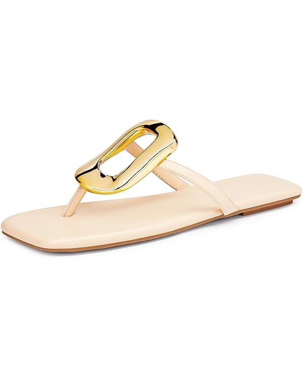 Coutgo Womens Flat Sandals Comfortable Flip Flops Slide Sandals Summer Beach Shoes with Metal Dec... | Amazon (US)