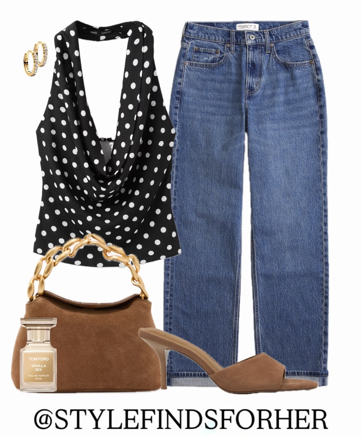 Blue denim Abercrombie jeans dressed up with a polka dot halter top. The perfect dressy outfit made so chic with the suede mules and accessories.

#LTKMidsize #LTKootd #LTKxAbercrombie