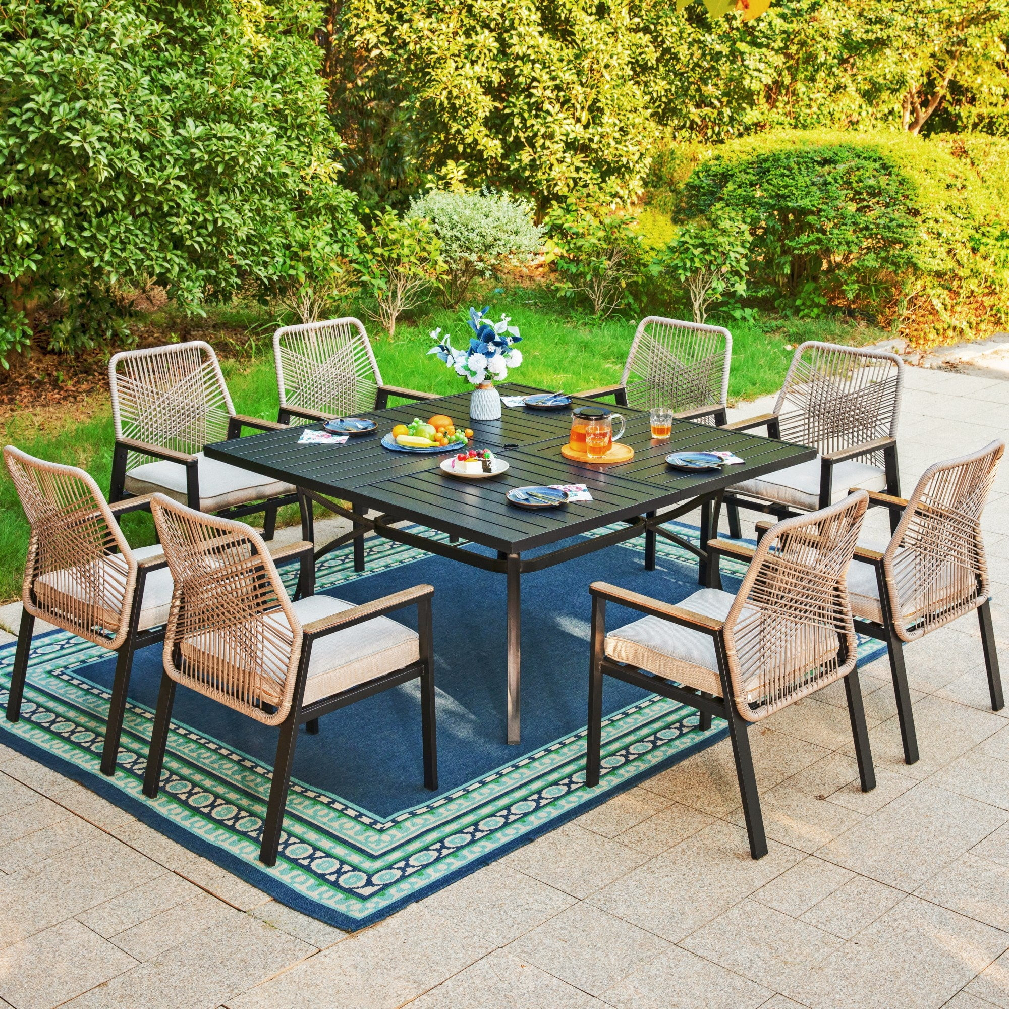 MF Studio 9-Piece Outdoor Patio Dining Set with 60" Large Square Table & 6 Cushioned Rattan Chair... | Walmart (US)