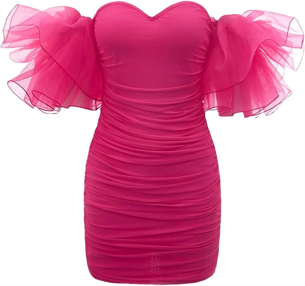 WDIRARA Women's Off Shoulder Flutter Half Sleeve Ruched Mesh Cocktail Bodycon Mini Dress Hot Pink... | Amazon (US)