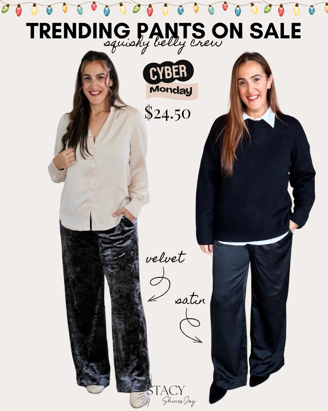 absolutely love both of these trending pants from target. both on sale for cyber monday! velvet or satin you can't go wrong. I'm wearing a medium in both, they run roomy! 

 #LTKCyberWeek #LTKHoliday #LTKootd