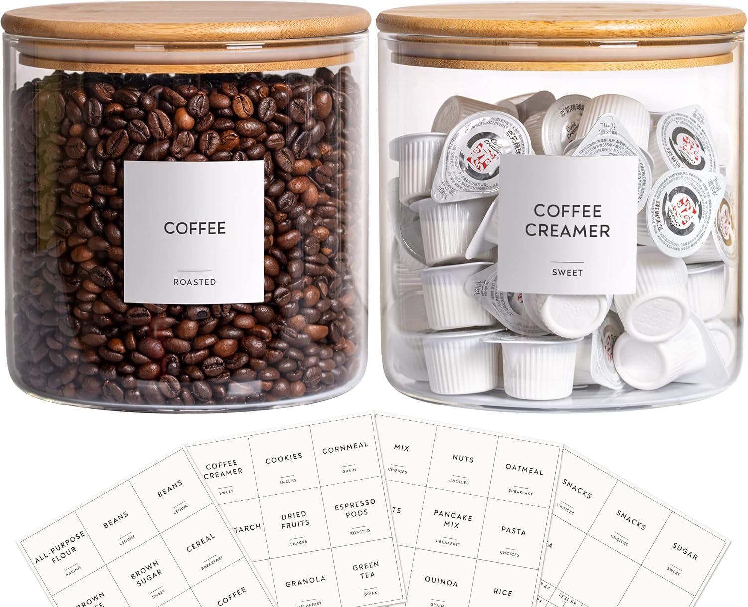 Laramaid 73oz 2Pack Glass Jar Canisters with Minimalist Labels, Round Pantry Jars with Bamboo Lid... | Amazon (US)