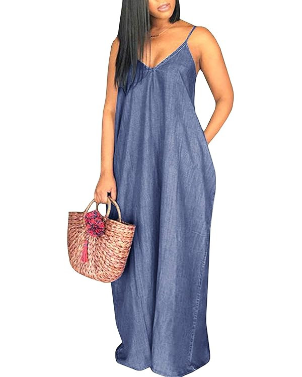 Chuanqi Womens Summer Spaghetti Strap Dresses Casual Denim Deep V Neck Loose Maxi Dress | Amazon (US)