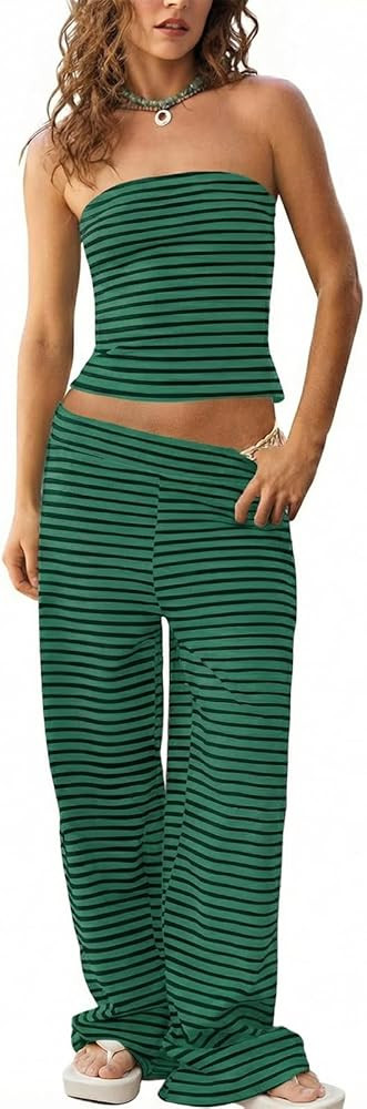 Tankaneo Womens Striped 2 Piece Set Summer Tube Tops Pants Matching Sets | Amazon (US)