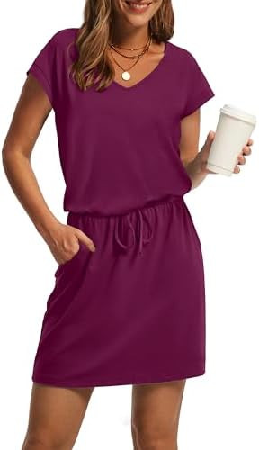 OFEEFAN Summer Dresses for Women 2026 V Neck T Shirt Casual Mini Dresses Tie Waist Sundresses wit... | Amazon (US)