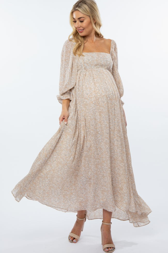 Beige Chiffon Printed Square Neck Empire Maternity Maxi Dress | PinkBlush Maternity