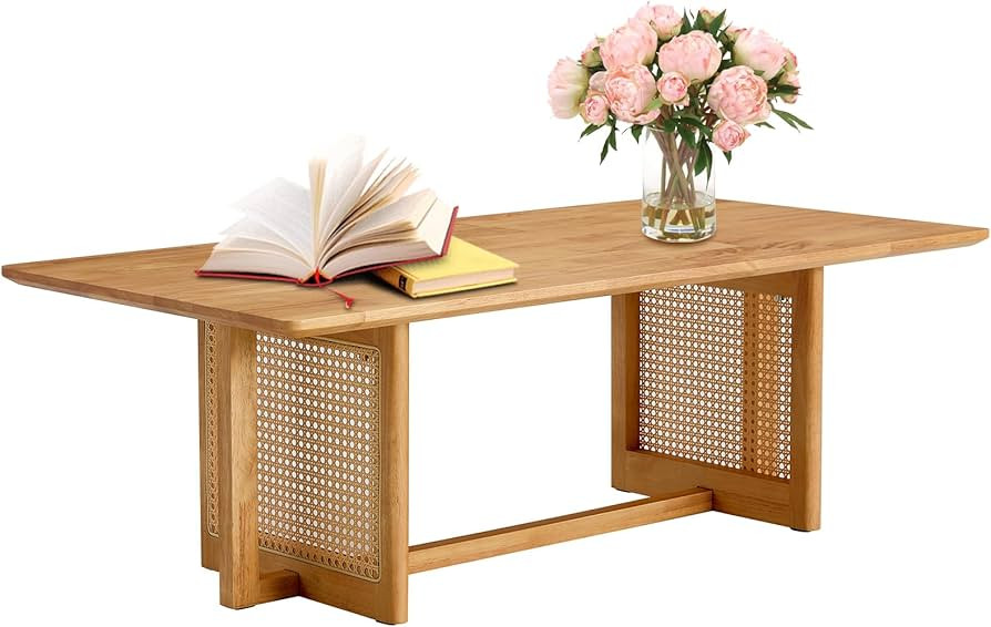 Modern Wood Coffee Table with PE Rattan Stand，Mid Century 47‘’ Rectangular Rattan Coffee Ta... | Amazon (US)