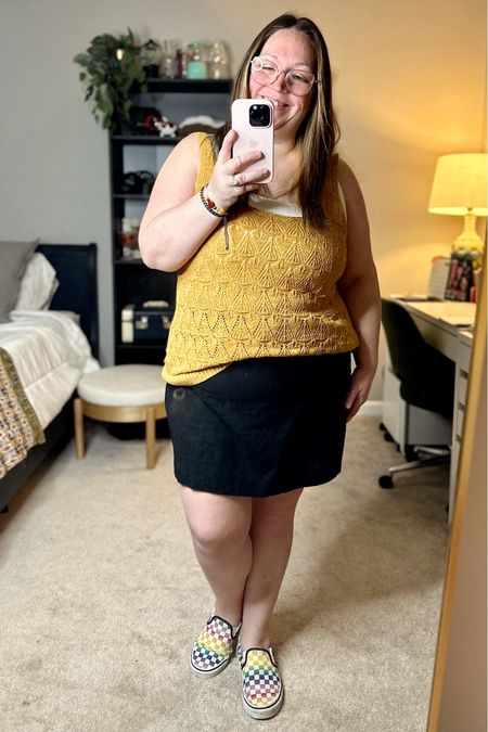 Plus size petite OOTD! Wore this look out to breakfast with my husband! Wearing a super cute knit tank top from Amazon – I am wearing the XXL, but should probably size down to the XL. Paired it with a linen blend mini skort from Abercrombie - wearing a size XL and I find that it runs loose. If unsure, size down! Finished the look with rainbow slip-on vans!

#LTKcurves #LTKstyletip #LTKSeasonal