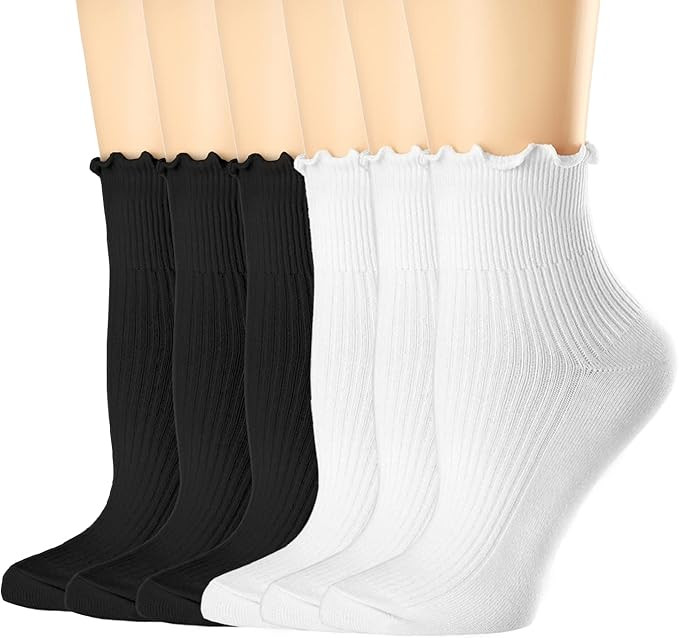 Amazon.com: Womens Crew Socks White Ruffle Socks Casual Cotton Knit Warm Comfy Lettuce High Ankle... | Amazon (US)