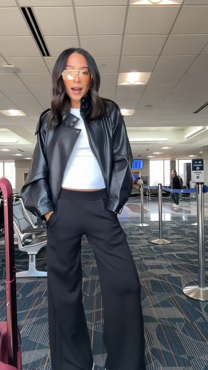 Airport outfit! This faux leather jacket looks $$$ but it’s under $200 👏🏽 tons of compliments on this! Paired it with my favorite fitted tee and my go-to travel pants for a comfy chic travel outfit. Wearing a Small in jacket, small in t-shirt, and small reg length in pants. (Exact carry on is OOS in maroon but I’ve linked the exact version in beige)