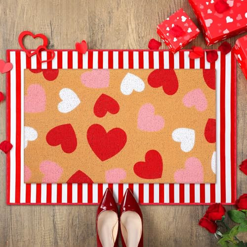 Duraaamo 2 Pcs Valentines Door Mat Heart Outdoor Welcome Mats for Front Door Love Non Slip Coir Floor Doormat Red White Pink Stripe Rug for Outside Front Porch Entryway Decor(Pink White Heart) | Amazon (US)