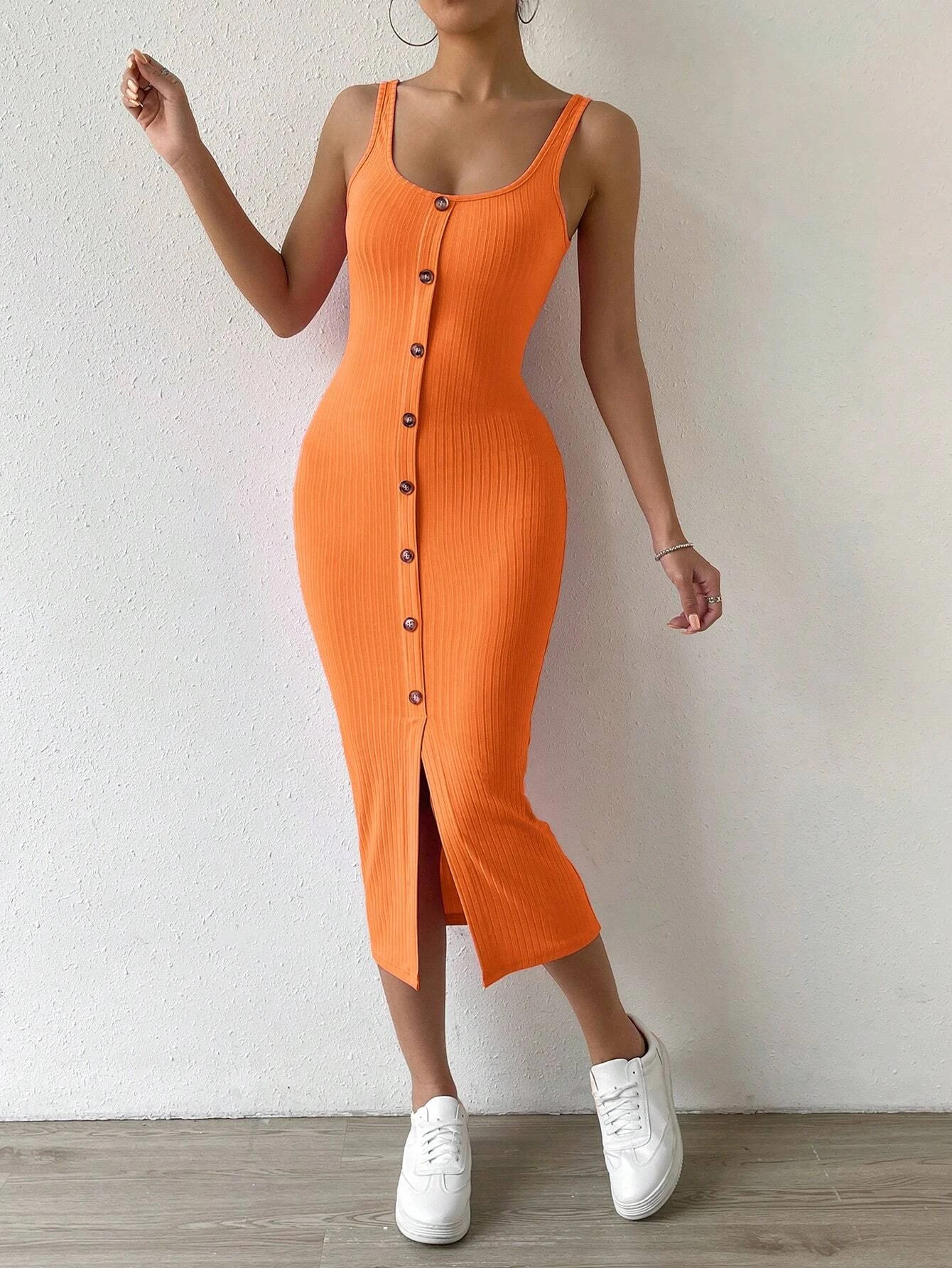 SHEIN Qutie Button Front Ribbed Knit Tank Dress | SHEIN