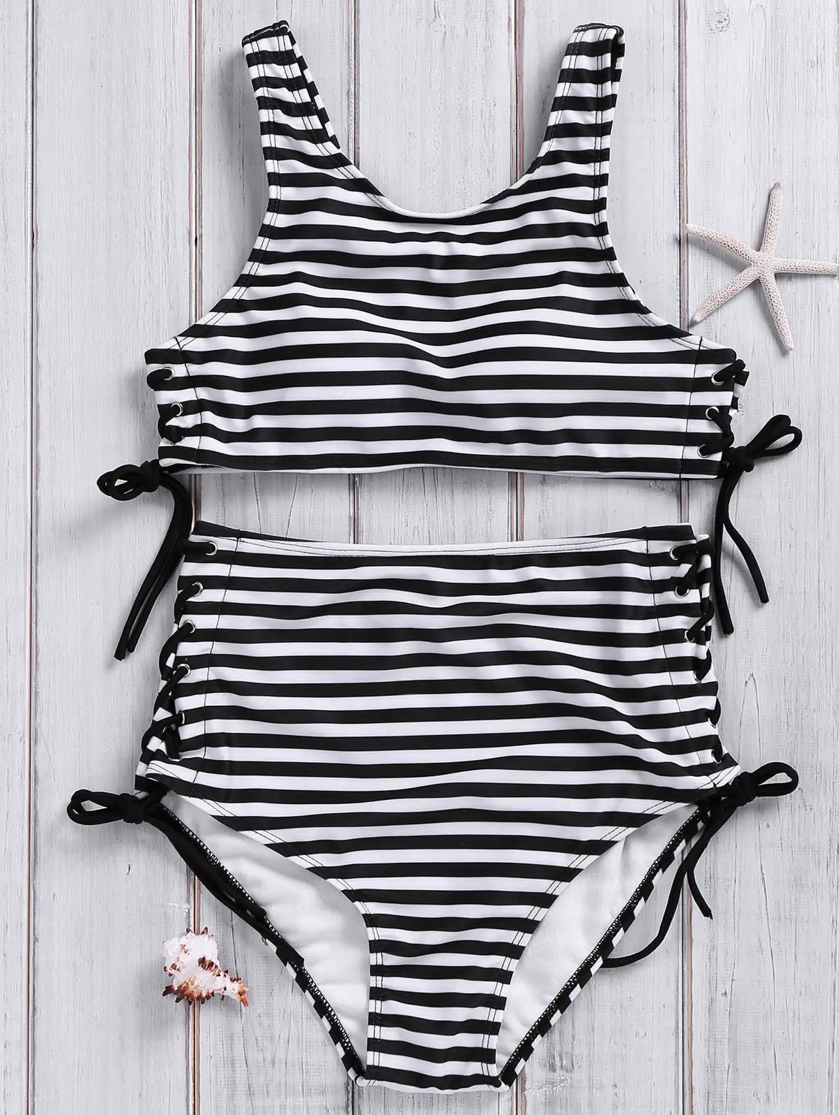 Stylish High Neck Striped Lace-Up Swimsuit For Women | Rosegal US