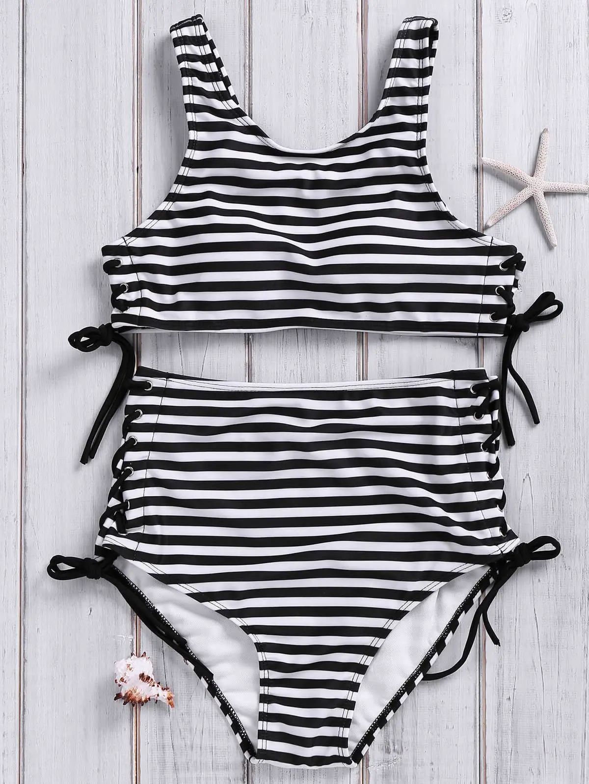 Stylish High Neck Striped Lace-Up Swimsuit For Women | Rosegal US