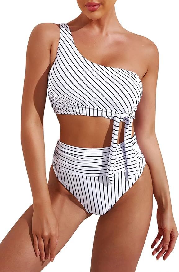 Pink Queen Women's One Shoulder High Waisted Bikini Set Two Piece Tie Ruched Swimsuit | Amazon (US)
