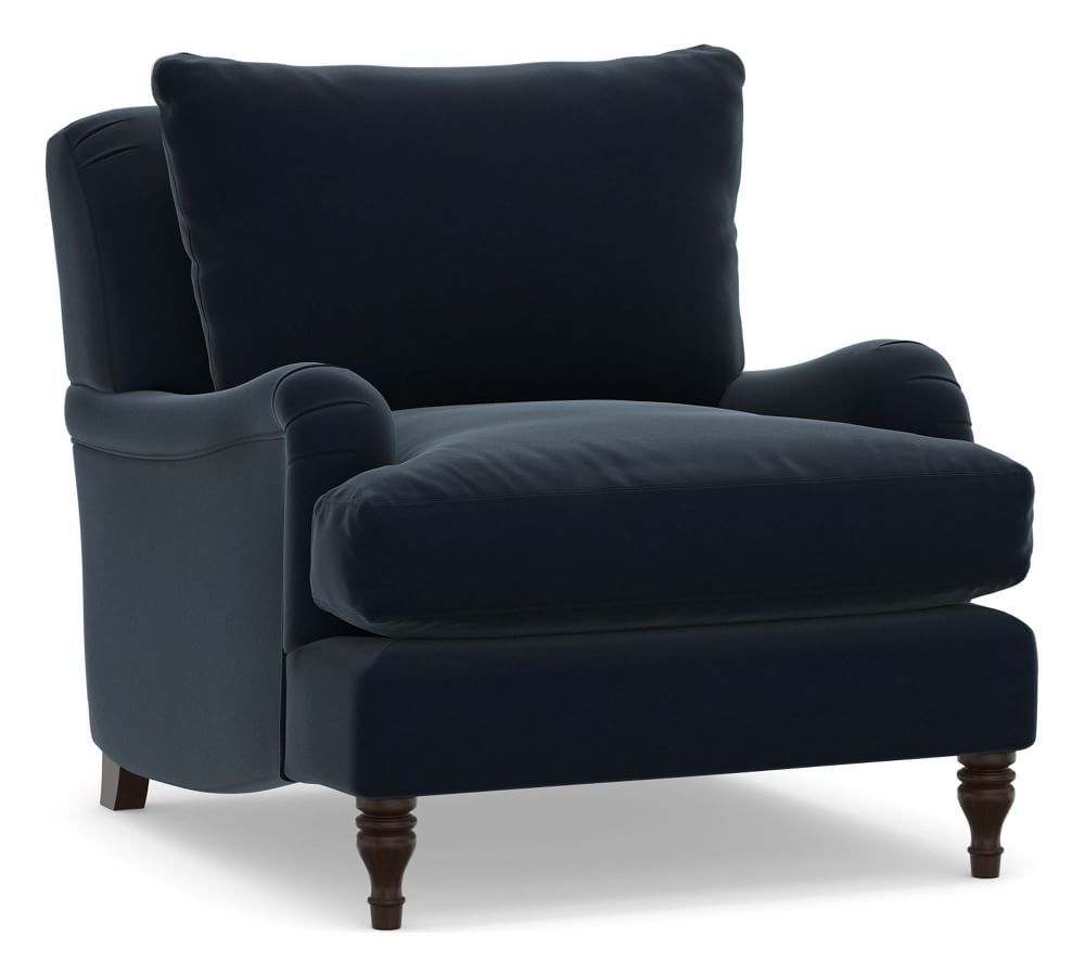 Carlisle Upholstered Armchair, Down Blend Wrapped Cushions, Performance Plush Velvet Navy | Pottery Barn (US)