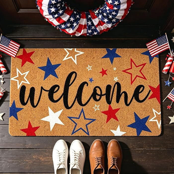4th of July Patriotic Artificial Coir Front Door Mat 17" X30" Blue White Star Welcome Doormat Non... | Amazon (US)