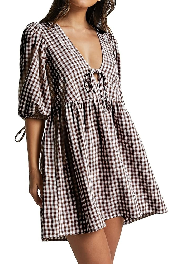 Women's Gingham Puff Sleeve Tie Front Babydoll Mini Dress | Amazon (US)