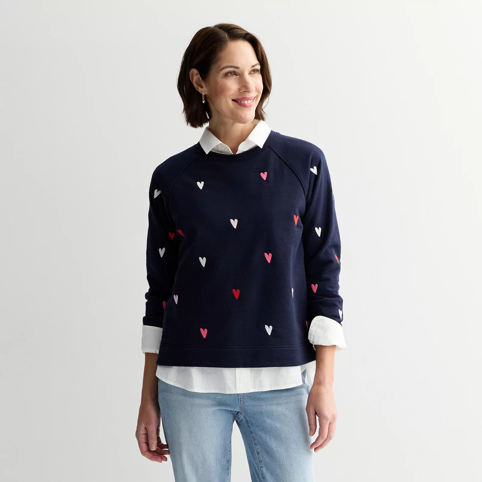 Women's Chelsea & Theodore Long Sleeve Crew Neck Sweater With Hearts, Size: Small, Blue | Kohl's