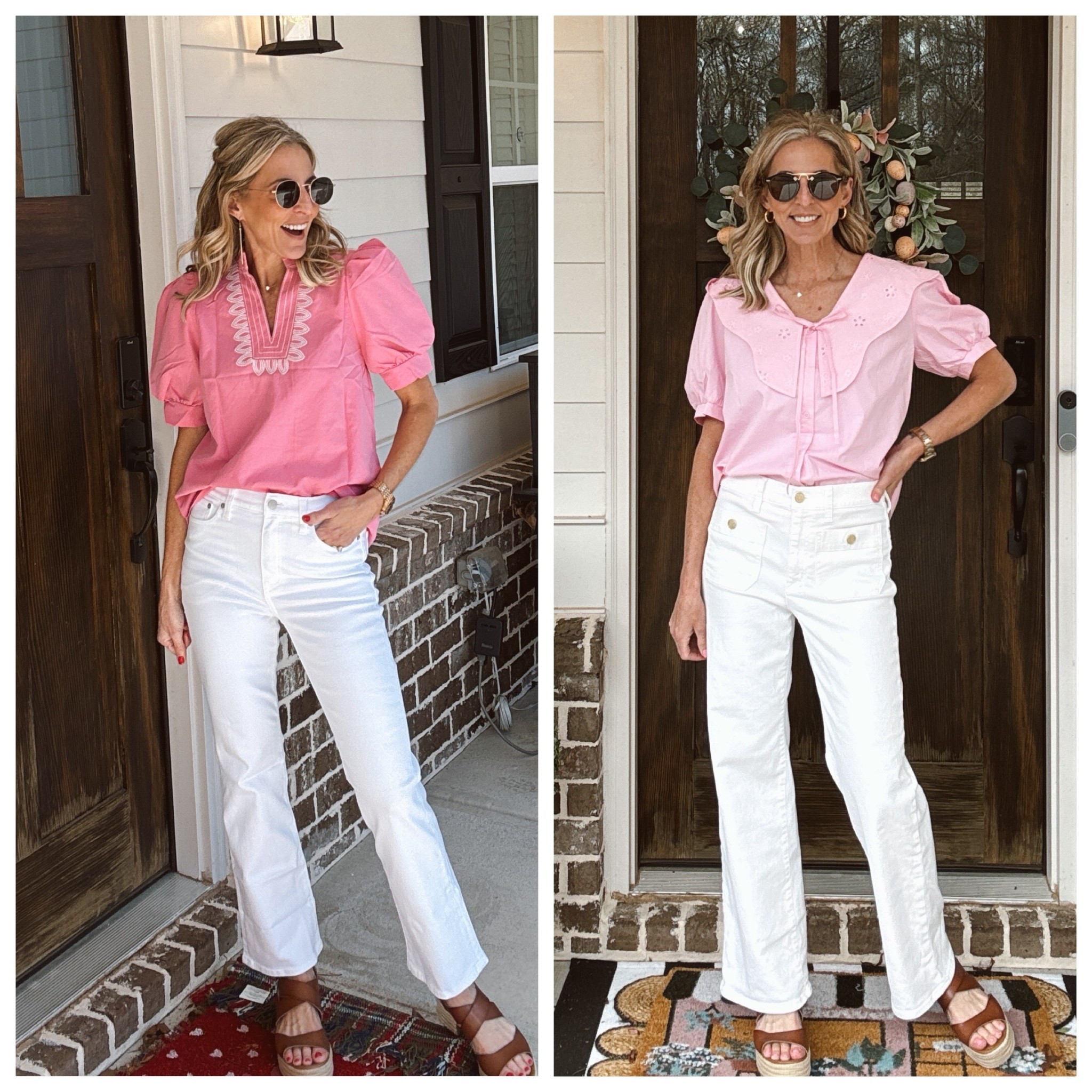 Two of the J.Crew white jeans that I wear often I love them. Wearing a size 25 in both… there is some stretch. No see-through. 
