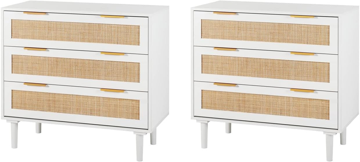 HOPUBUY Large Nightstand Set of 2 with Rattan Drawer, Modern 3 Drawer Night Stand for Bedroom, Wo... | Amazon (US)