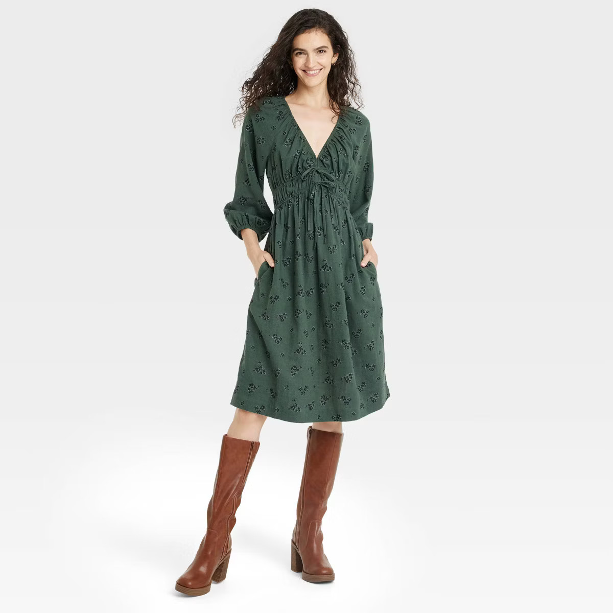Women's Tie-Front Puff 3/4 Sleeve Midi Dress - Universal Thread™ | Target