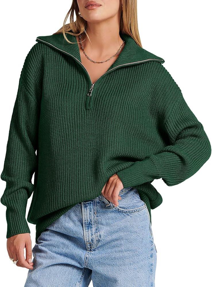 ANRABESS Women's Long Sleeve 1/4 Zipper Henley V Neck Drop Shoulder Oversized Knit Pullover Sweat... | Amazon (US)