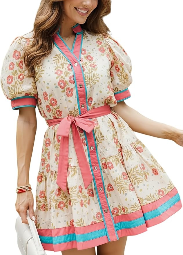 Womens Summer Floral Mini Dress V Neck Short Puff Sleeve Button Down Boho Dresses with Tie Waist | Amazon (US)