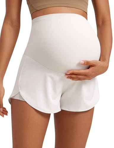CRZ YOGA Lightweight Maternity Dolphin Workout Shorts 3'' - Soft Athletic Running Casual Womens Pregnancy with Liner Pockets Milky White Large | Amazon (US)