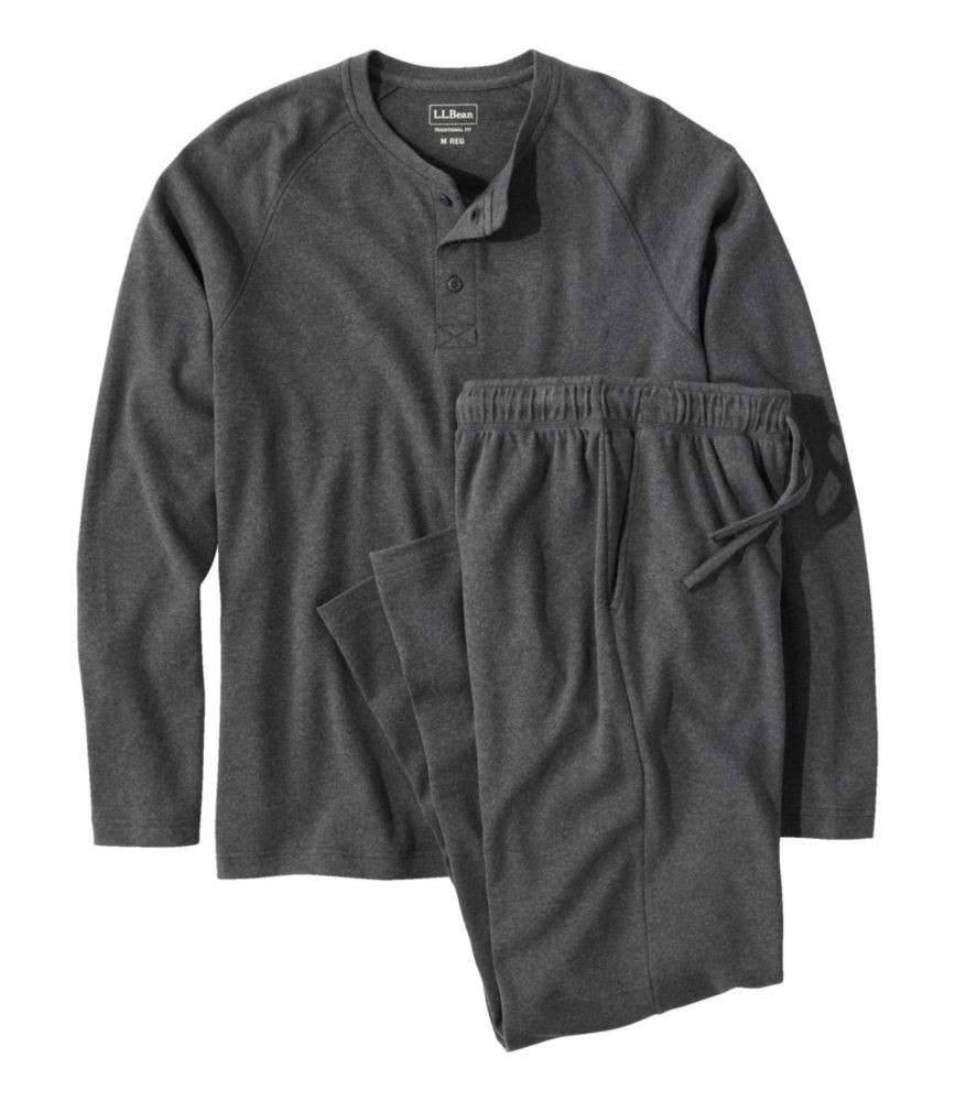 Men's Cotton Knit Pajamas, Henley PJ Set Dark Black Heather Medium, Recycled Cotton L.L.Bean | L.L. Bean