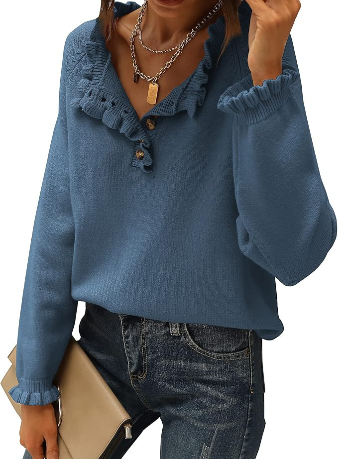 BTFBM Women's Sweaters Casual Long Sleeve Button Down Crew Neck Ruffle Knit Pullover Sweater Tops... | Amazon (US)