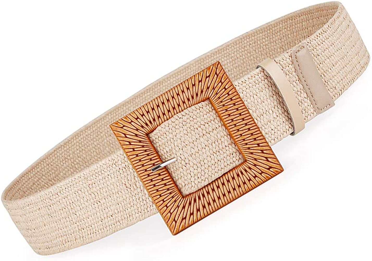 Women Belts For Dresses, Elastic Straw Rattan Waist Band With Wood Buckle | Amazon (US)