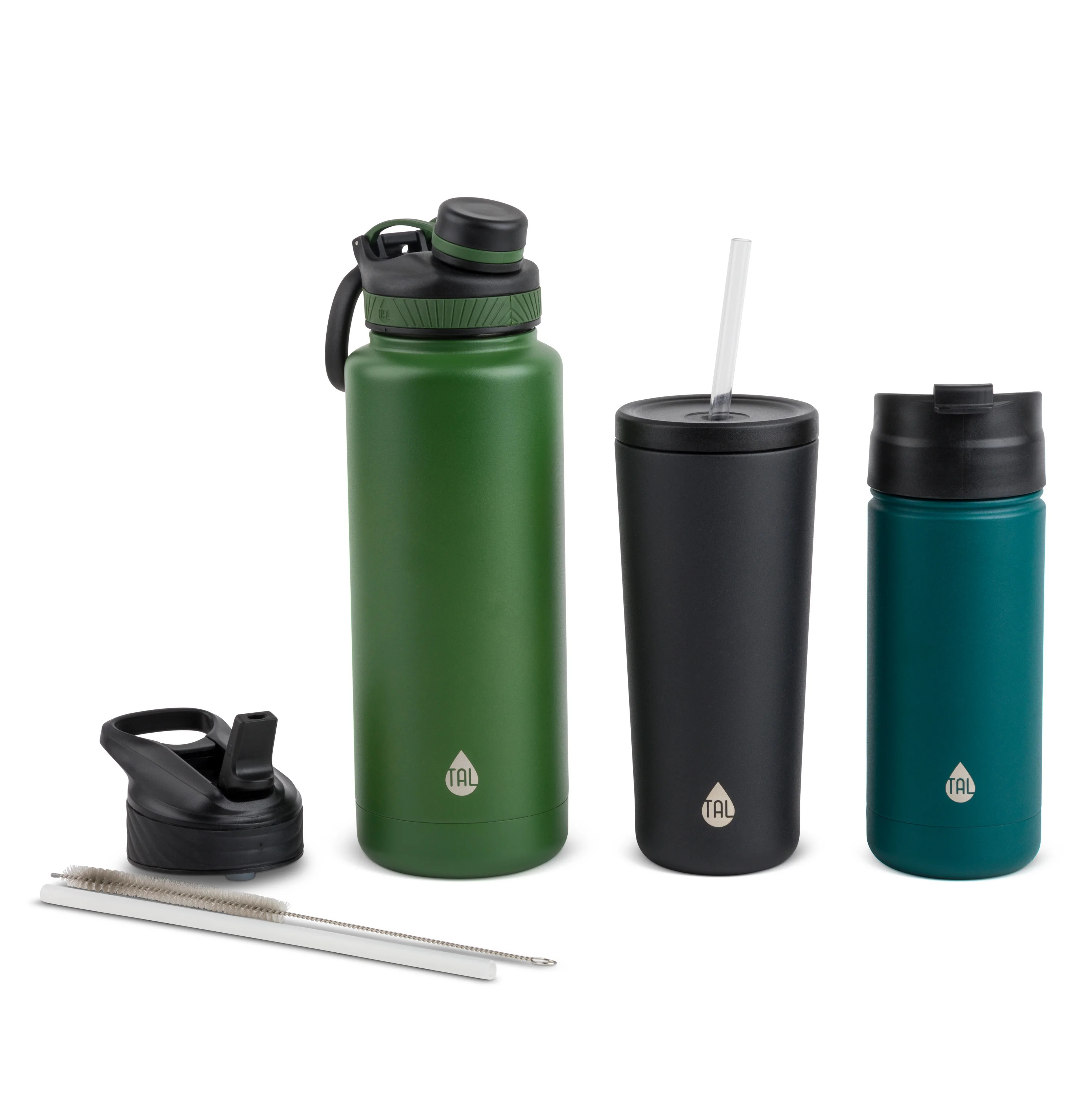 TAL Stainless Steel Water Bottle Bundle, 9 Piece Set, 40 fl oz, 24 fl oz, 18 fl oz, Black Green a... | Walmart (US)