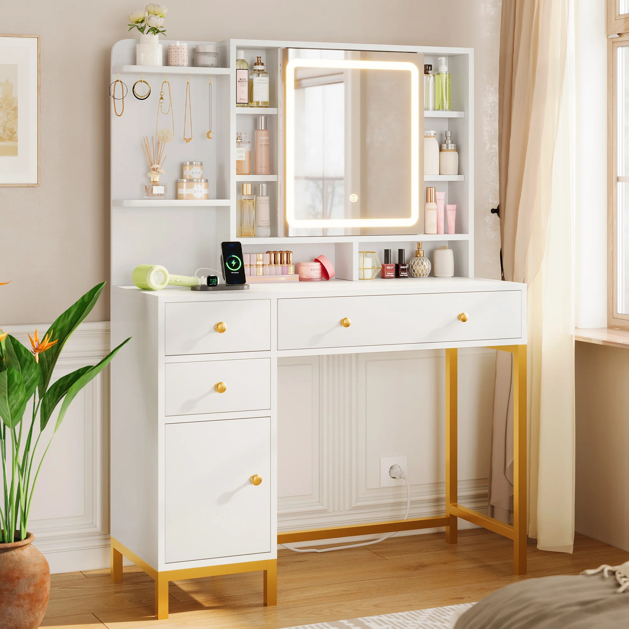 38.6" W Glass Tabletop Makeup Vanity Desk with Display Shelf, Dressing Table with 4 Drawers, LED ... | Wayfair North America