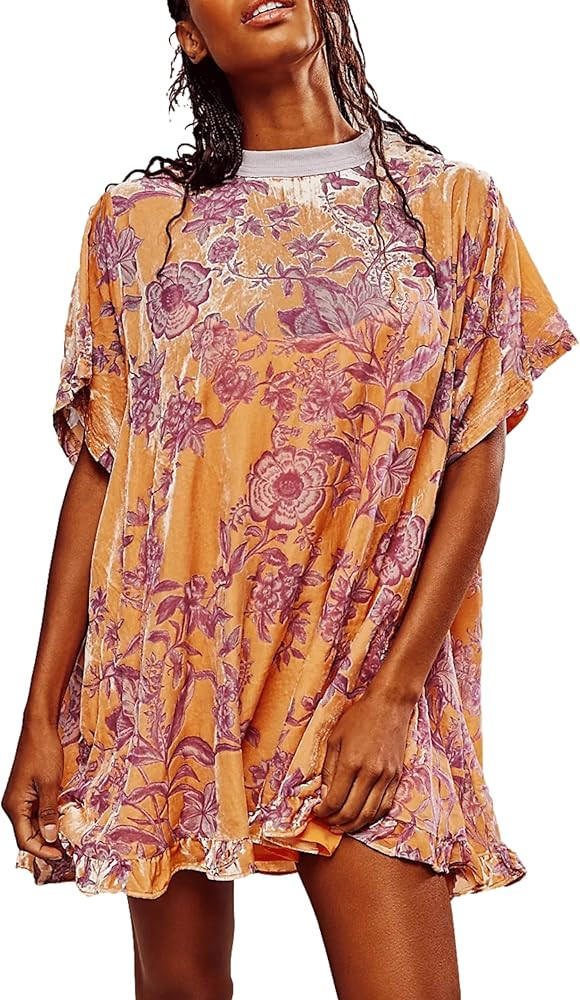 Women's Vintage Velvet Dress Round Neck Short Sleeve Floral Printed Mini Flowy Dress | Amazon (US)