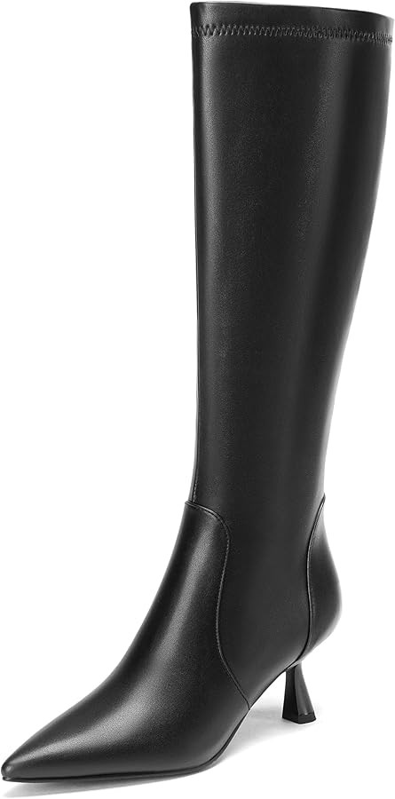 Knee High Boots Women Kitten Heels Pointed Toe Faux Leather Side Zipper Boots Sexy Stiletto Heele... | Amazon (US)