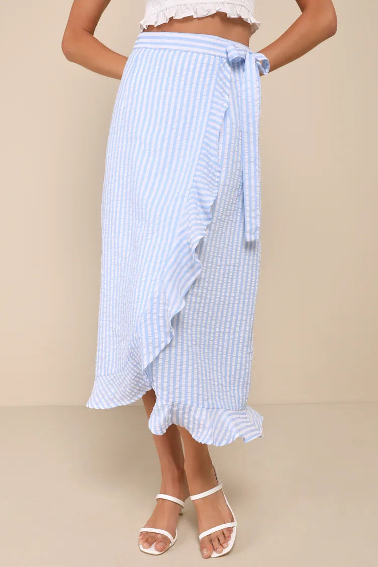 Effortlessly Sunny Blue and White Striped Wrap Midi Skirt | Lulus