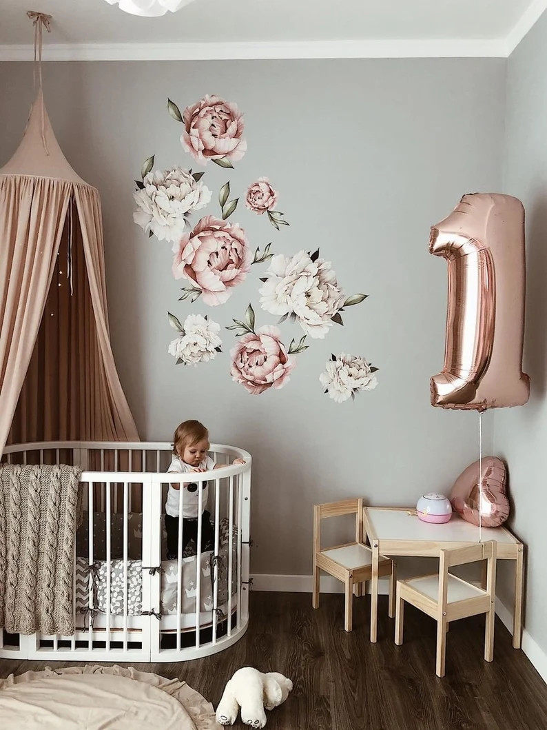 Watercolour Peony Flower Wall Stickers for Baby Girl Room, Floral Wall Decal for Nursery, nursery... | Etsy (US)
