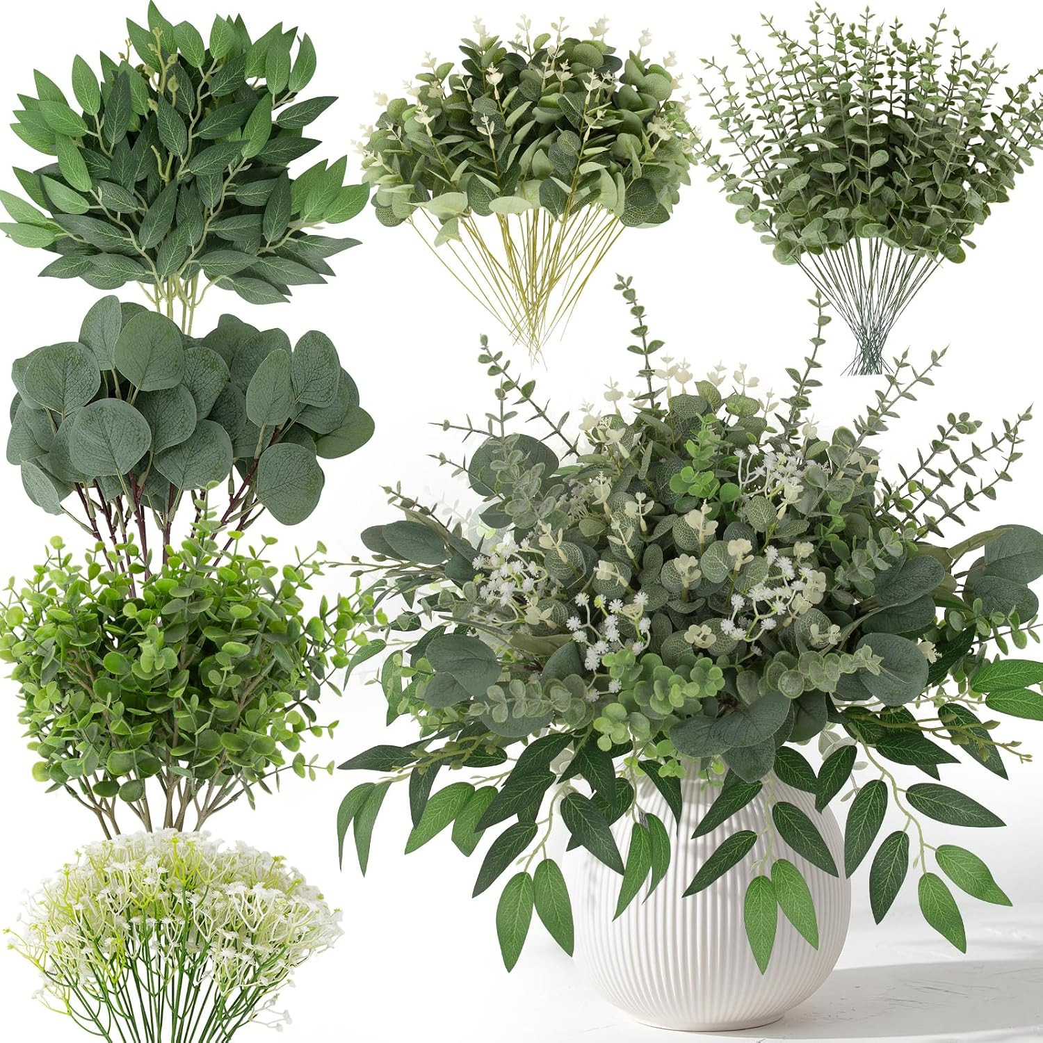 Hananona 135 Pcs Mixed Eucalyptus Leaves Stems Artificial Greenery Bulk | Amazon (US)