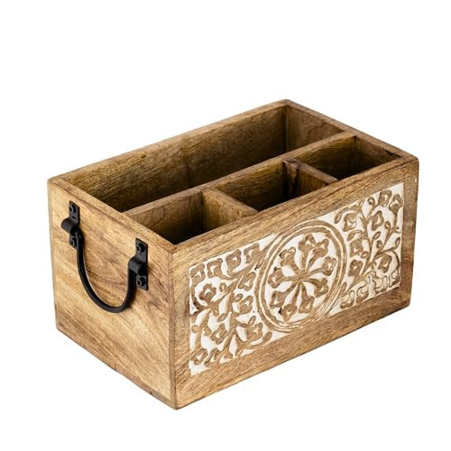 Mie Creations 4 Compartment Wooden Silverware Caddy Utensil Holder, Farmhouse Cutlery Flatware Organizer, Decorative Wood Caddy with Metal Handles for Kitchen, Buffet Party, Mothers Day Gift for Mom | Amazon (US)