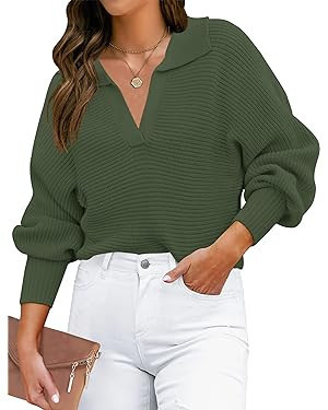 ZESICA Women's 2024 Fall Lapel Collar V Neck Long Sleeve Ribbed Knit Comfy Loose Casual Pullover ... | Amazon (US)
